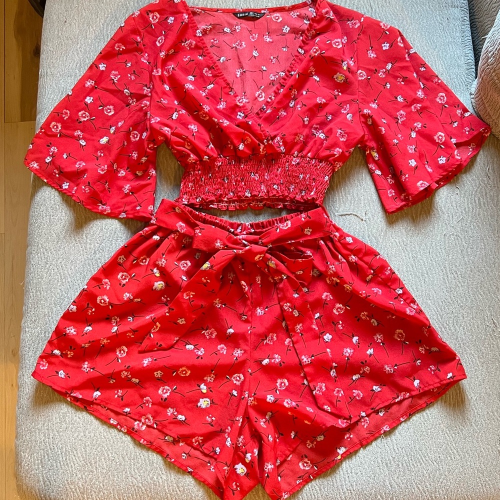 Chic, red, floral two piece